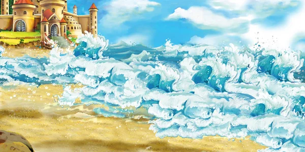 Kreslená scéna krásného hradu u pláže a oceánů nebo moře-ilustrace pro děti — Stock fotografie