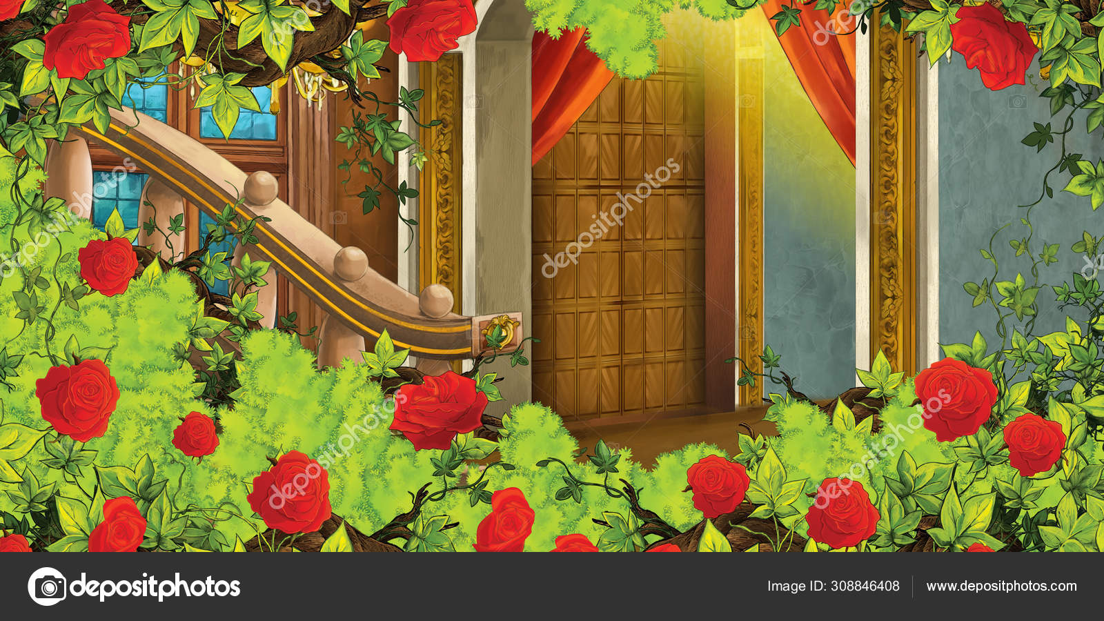 Cartoon scene with medieval castle room and bush of roses - interior for  different usage - illustration for children Stock Photo by ©illustrator_hft  308846408
