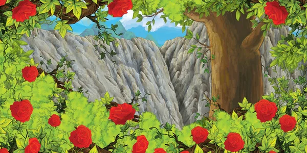 Cena dos desenhos animados com vale da montanha perto da floresta e arbusto de rosas com ninguém no palco - ilustração para crianças — Fotografia de Stock