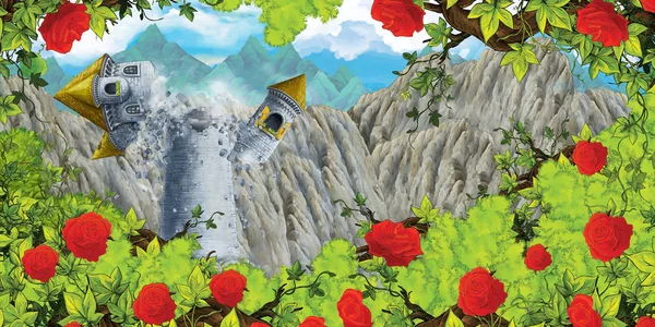 Escena de dibujos animados de derrumbamiento de la torre medieval y arbusto de rosas - ilustración para niños — Foto de Stock