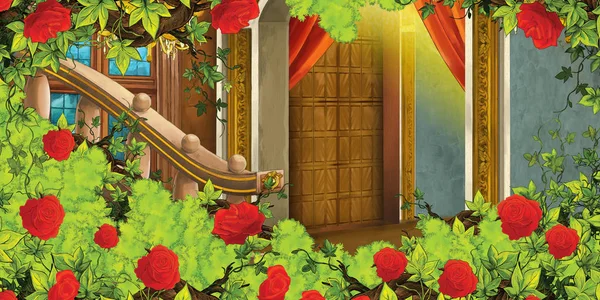 Kreslená scéna se středověkou hradní místností a keři růží-interiér pro různé použití-ilustrace pro děti — Stock fotografie