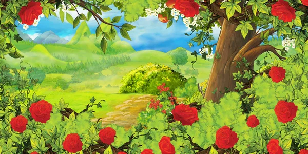 Cartoon summer scene with path in the forest or garden and bush of roses - nobody on scene - illustration for children — Stock Image Cartoon summer scene with path in the forest or garden and bush of roses - nobody on scene - illustration for children Royalty Free Stock Photos