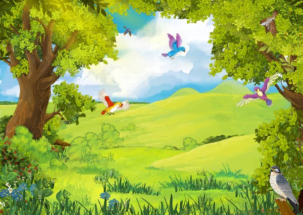 Escena de verano de dibujos animados con el camino en el bosque - nadie en escena - ilustración para los niños —  Fotos de Stock
