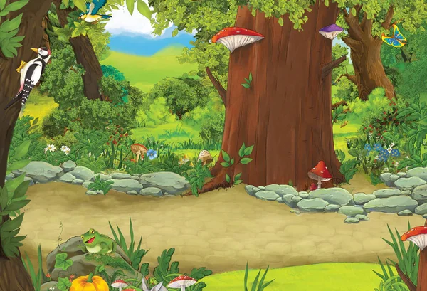 Kreskówkowa scena letnia ze ścieżką w lesie - nikogo na scenie - ilustracja dla dzieci — Zdjęcie stockowe