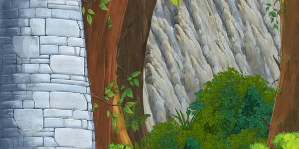 Летняя сцена мультфильма с тропинкой в лесу и башней замка - никого на сцене - иллюстрация для детей — стоковое фото