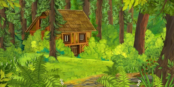 Escena de dibujos animados con montañas y valle con casa de campo escondida en el bosque ilustración para niños —  Fotos de Stock