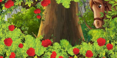 Ormanda yolu olan bir karikatür yaz sahnesi - olay yerinde kimse yok- çocuklar için çizim