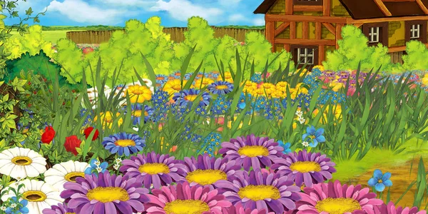 Escena de dibujos animados con la granja del valle y el jardín lleno de flores ilustración para los niños — Foto de Stock