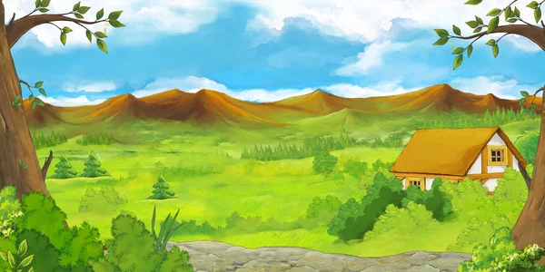 Scène de dessin animé avec montagnes et vallée avec maison de ferme près de la forêt illustration pour enfants — Photo