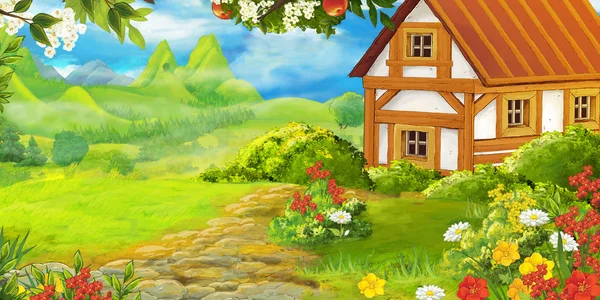 Cartoon scène met bergen en vallei met boerderij en tuin in de buurt van het bos illustratie voor kinderen — Stockfoto