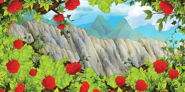 Kreslená scéna s horami údolí v blízkosti lesa ilustrace pro děti — Stock fotografie