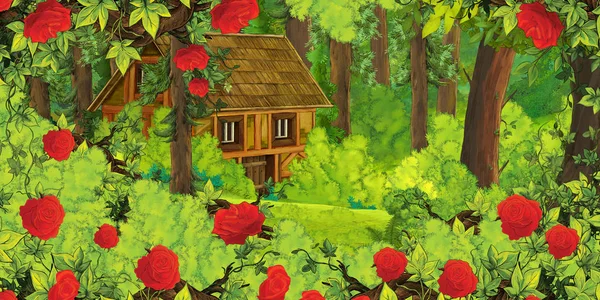 Cena dos desenhos animados com montanhas e vale com casa de fazenda escondida na ilustração floresta para crianças — Fotografia de Stock