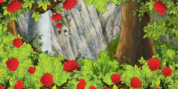 Cartoon scene of rose garden near castle in the background illustration for  children Stock Photo by ©illustrator_hft 308496530