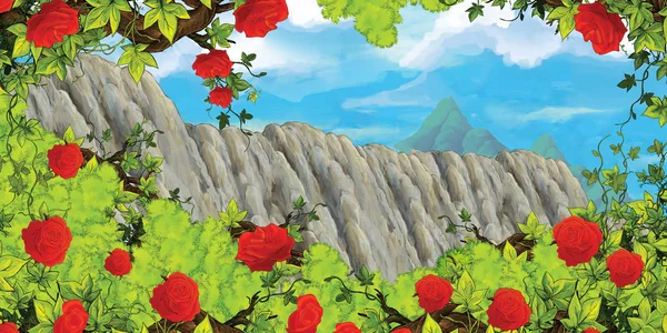 Tecknad scen med berg dal nära skogen illustration för barn — Stockfoto