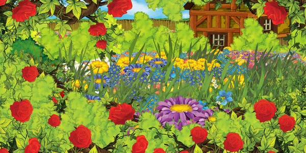 Escena de dibujos animados con la granja del valle y el jardín lleno de flores ilustración para los niños — Foto de Stock