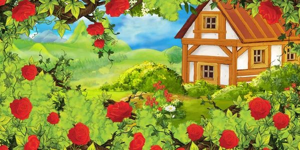 Escena de dibujos animados con montañas y valle con casa de campo y jardín cerca del bosque ilustración para niños —  Fotos de Stock