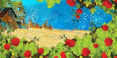 Karikatür sualtı deniz veya okyanus sahnesi bazı ahşap ev ile - i