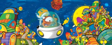 sahne bazı komik görünümlü yabancı çocuklar için bazı gezegen - beyaz arka plan - illüstrasyon yakınındaki ufo araç uçan ile çizgi film