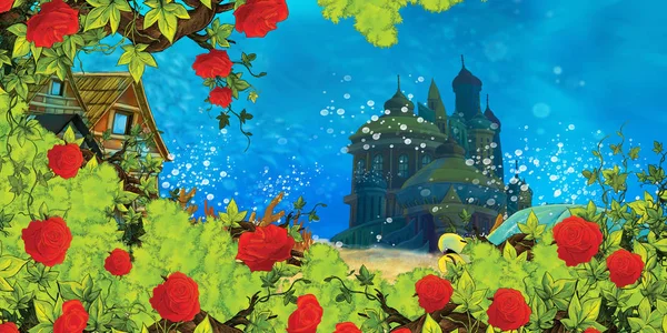 Desenhos animados mar subaquático ou cena do oceano com castelo - ilustração — Fotografia de Stock