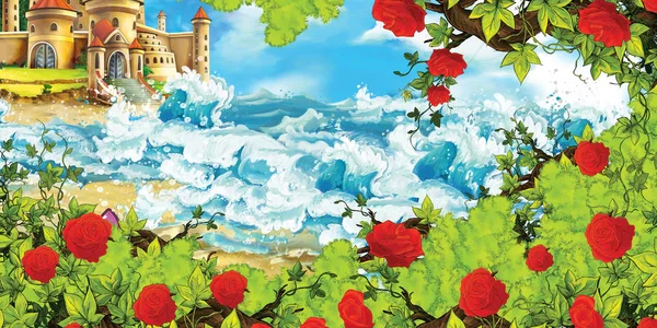 海滩、海洋或海边的美丽城堡的卡通场景 — 图库照片