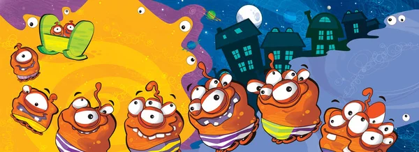 cartoon scene with some funny looking alien flying in ufo vehicle near some planet - white background - illustration for children