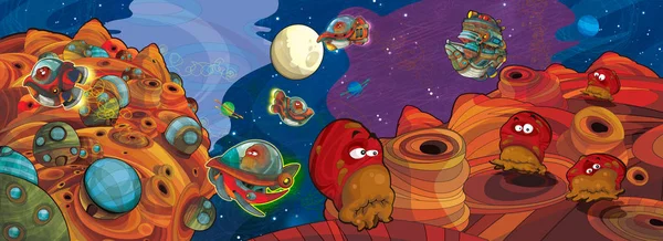 Cartoon scene with some funny looking alien flying in ufo vehicle near some planet - white background - illustration for children — Stock Photo, Image