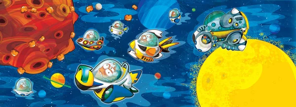 cartoon scene with some funny looking alien flying in ufo vehicle near some planet - white background - illustration for children