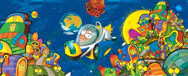 Escena de dibujos animados con algunos extraterrestres de aspecto divertido volando en vehículo OVNI cerca de algún planeta - fondo blanco - ilustración para niños —  Fotos de Stock