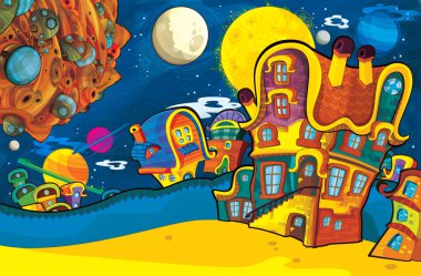 sahne bazı komik görünümlü yabancı çocuklar için bazı gezegen - beyaz arka plan - illüstrasyon yakınındaki ufo araç uçan ile çizgi film