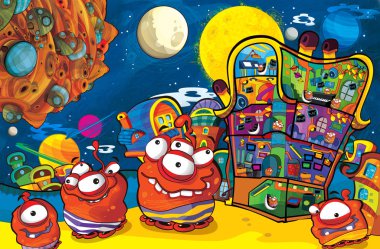 sahne bazı komik görünümlü yabancı çocuklar için bazı gezegen - beyaz arka plan - illüstrasyon yakınındaki ufo araç uçan ile çizgi film