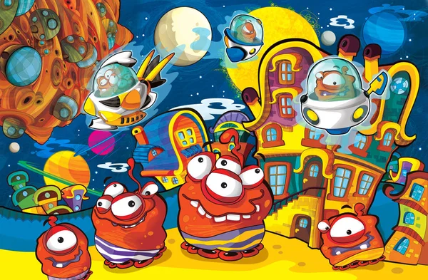 cartoon scene with some funny looking alien flying in ufo vehicle near some planet - white background - illustration for children