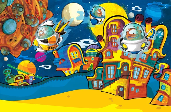 cartoon scene with some funny looking alien flying in ufo vehicle near some planet - white background - illustration for children