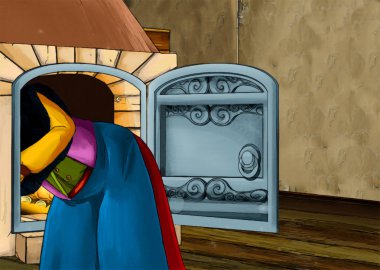 açık kapı ve kadın içinde bir şeyler yapıyor ile fırın ile eski evde bir oda ile karikatür sahnesi - çocuklar için illüstrasyon