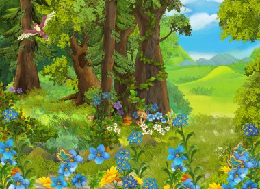 Ormanda yolu olan bir karikatür yaz sahnesi - olay yerinde kimse yok- çocuklar için çizim