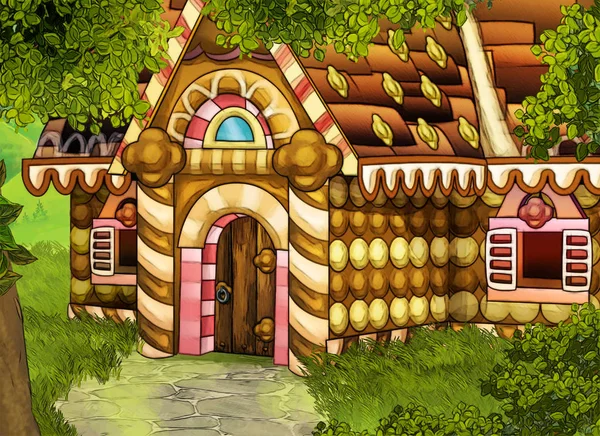 Scena letnia kreskówka ze ścieżką w lesie do jakiegoś domu wykonane z słodyczy-nikt na scenie-ilustracja dla dzieci — Zdjęcie stockowe