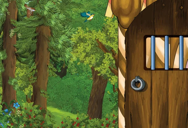 Dessin animé scène d'été avec maison dans la forêt avec porte ouverte - personne sur place - illustration pour enfants — Photo