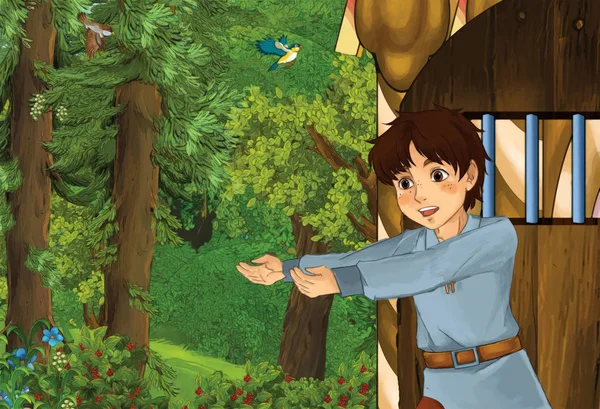 Scena estiva del fumetto con casa nella foresta con porta aperta e ragazzo in piedi vicino ad essa nessuno sulla scena illustrazione per bambini — Foto Stock