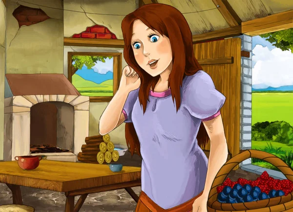 Cartoon scene with old kitchen in farm house with happy woman - illustration for children — Stock Photo, Image