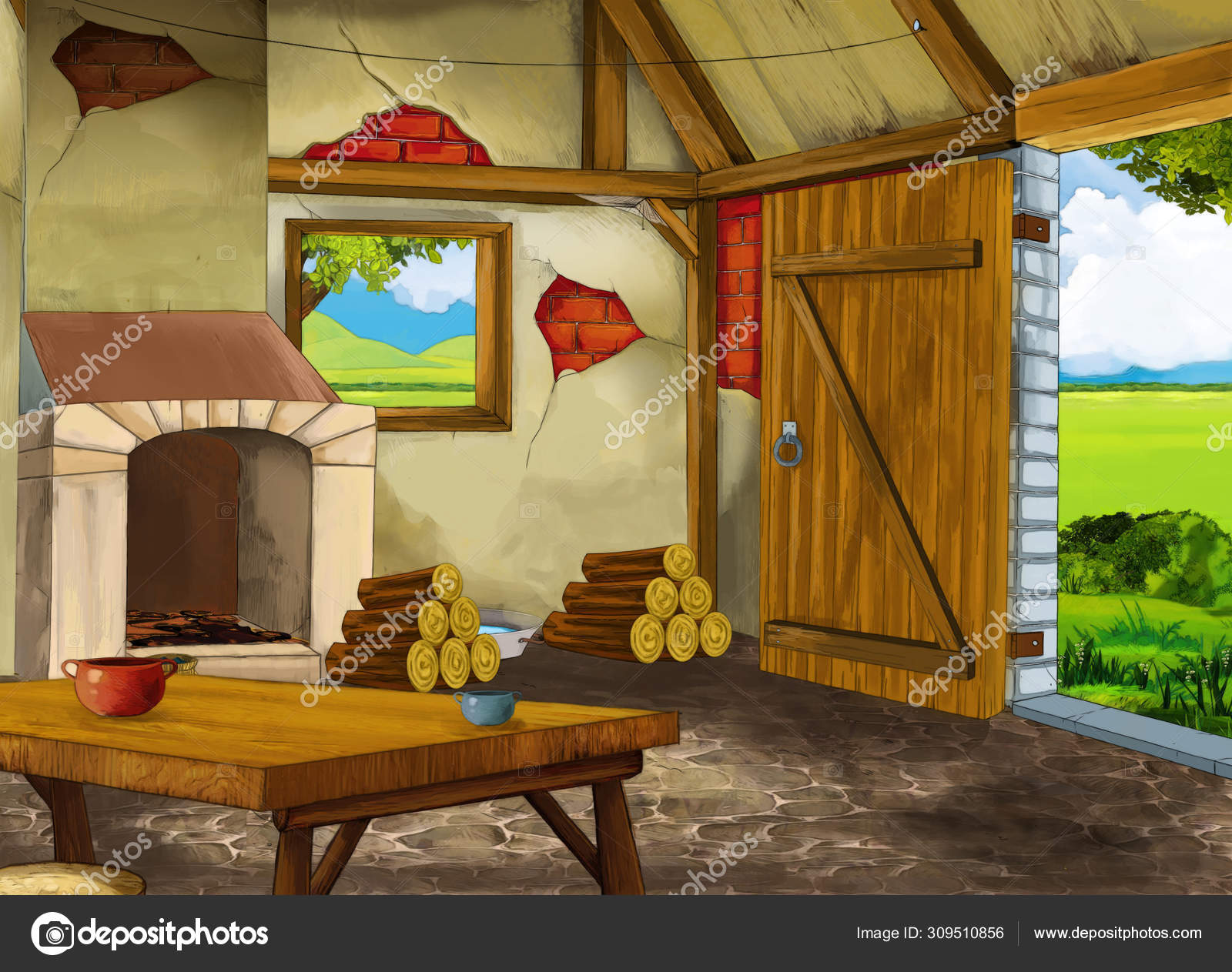Cartoon scene with old kitchen in farm house with nobody on the stage -  illustration for children Stock Photo by ©illustrator_hft 309510856