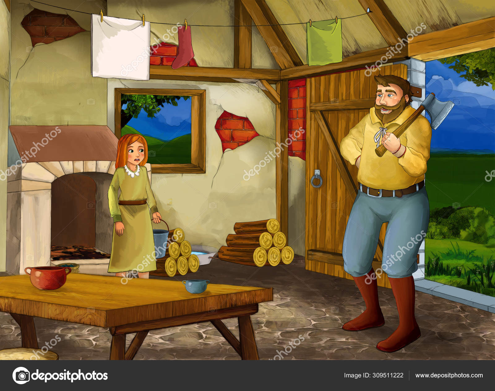 Escena de dibujos animados con cocina vieja en casa de campo con padre e hija felices - ilustración para niños: fotografía de stock © illustrator_hft #309511222 | Depositphotos Escena de dibujos animados con cocina vieja en casa de campo con padre e hija felices - ilustración para niños: fotografía de stock © illustrator_hft #309511222 | Depositphotos