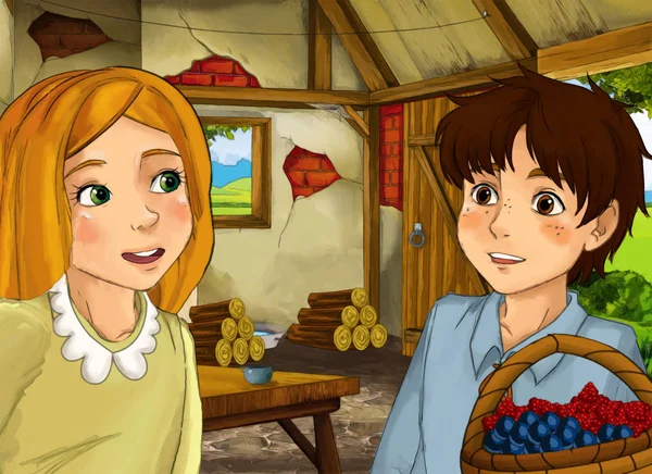 Escena de dibujos animados con cocina vieja en casa de campo con mujer feliz y niña y niño - ilustración para niños — Foto de Stock