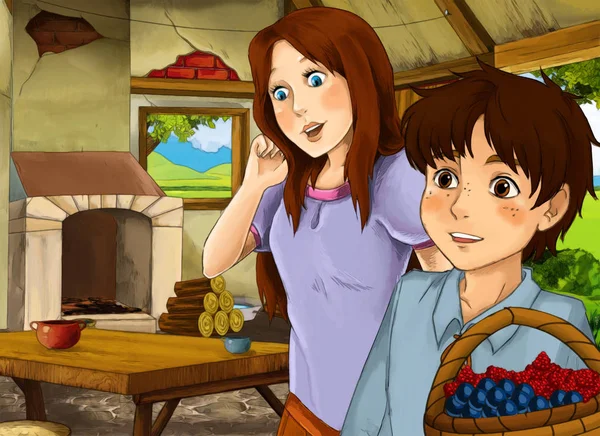 Escena de dibujos animados con cocina vieja en casa de campo con mujer feliz y el hijo - ilustración para los niños — Foto de Stock