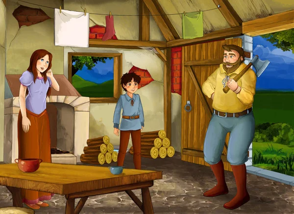 Cartoon scene with old kitchen in farm house with happy woman and man husband and wife and son - illustration for children — Stock Photo, Image