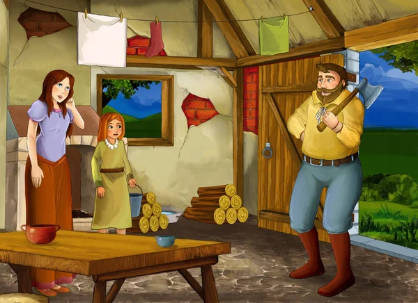 Rajzfilm jelenet régi konyhával a parasztház boldog apa anya és lánya-illusztráció gyerekeknek — Stock Fotó