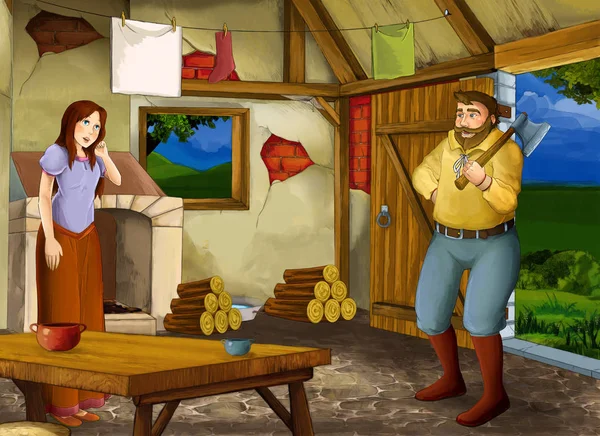 卡通场景与老厨房在农舍与幸福的女人和男人的丈夫和妻子 - 插图的孩子 — 图库照片