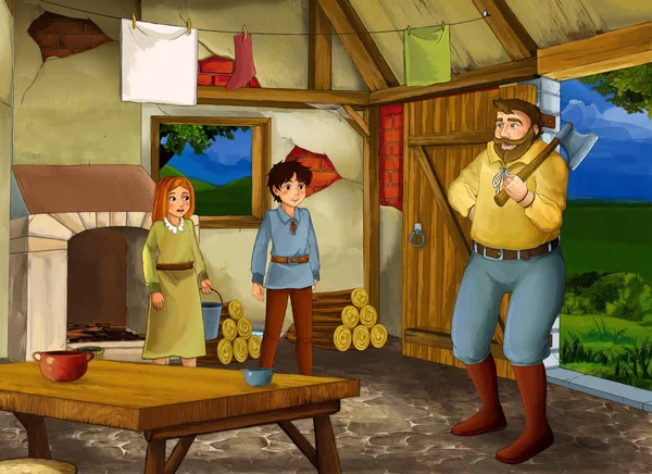 Rajzfilm jelenet régi konyhával a parasztház boldog apa fia és lánya-illusztráció gyerekeknek — Stock Fotó