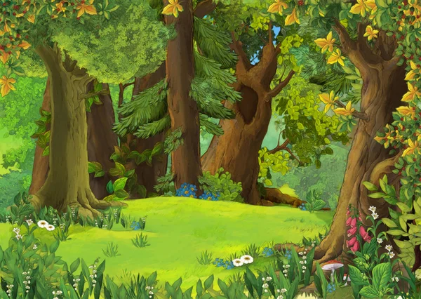 Escena de verano de dibujos animados con prado en el bosque ilustración para niños — Foto de Stock