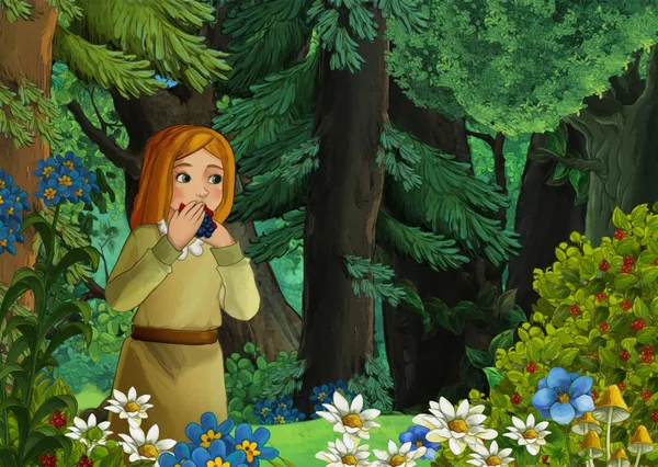 Tecknad scen med äng i skogen och ung flicka på natten illustration för barn — Stockfoto