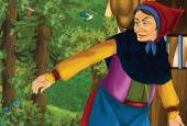 Kreslená scéna se starou ženskou jako čarodějnice nebo čarodějka poblíž nějakého statku-ilustrace pro děti