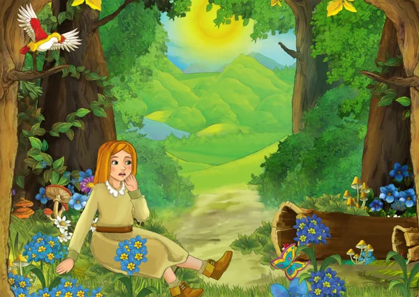 Cartoon scene with meadow in the forest and young girl illustration for children — Stock Photo, Image